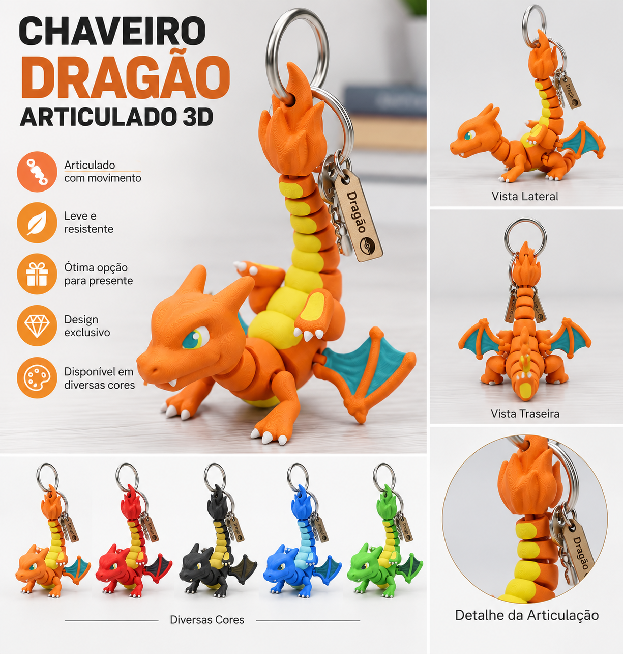 CHAVEIRO DRAG�O ARTICULADO 3D 